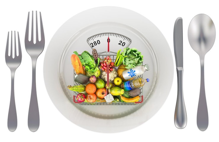PSD shopping basket full of products on the plate with weight scale 3d rendering isolated on transparent background