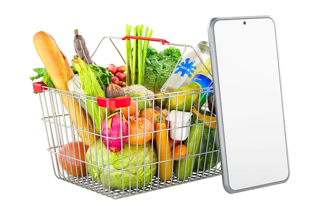 Корзина для покупок, полная продуктов, с смартфоном с прозрачным экраном Концепция онлайн-заказа продуктов питания 3D-рендеринг изолирован на прозрачном фоне