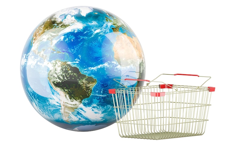 PSD shopping basket with earth globe worldwide shopping concept 3d rendering isolated on transparent background
