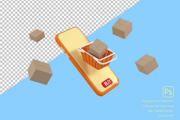 Shopping baskets and parcel box with cart image on box float in the air above a smartphone