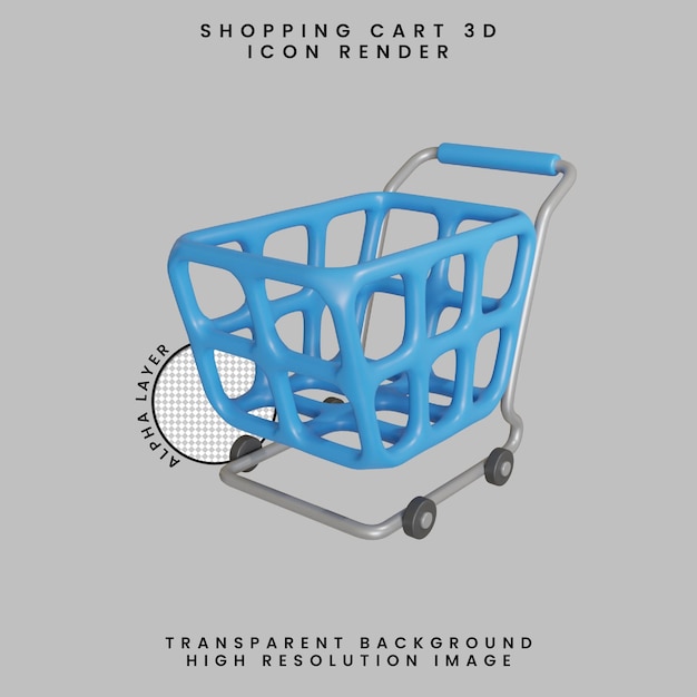 SHOPPING CART 3D ICON RENDER WITH TRANSPARENT BACKGROUND
