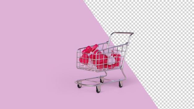쇼핑 카트와 핑크 하트 3d 렌더링