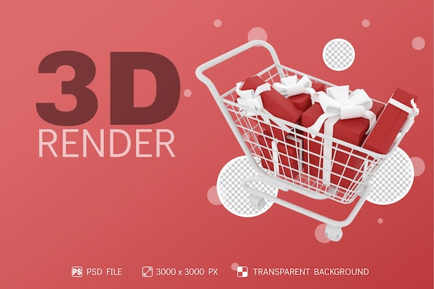 Shopping cart and give boxes 3D Render with isolated background
