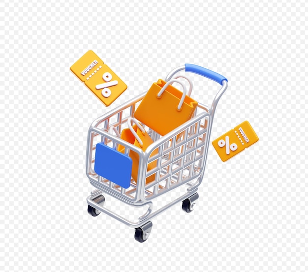 shopping cart has a shopping bag inside and a discount voucher floating on the side 3d illustration