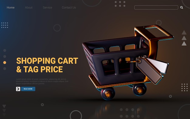 PSD shopping cart icon with tag price on dark background 3d render concept for marketing price in mall