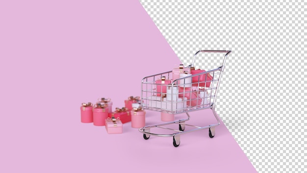 Shopping cart and pink gift boxes 3d render