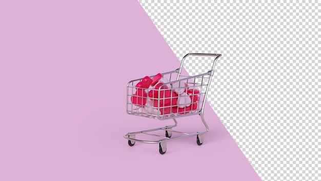 Shopping cart and pink hearts 3d render