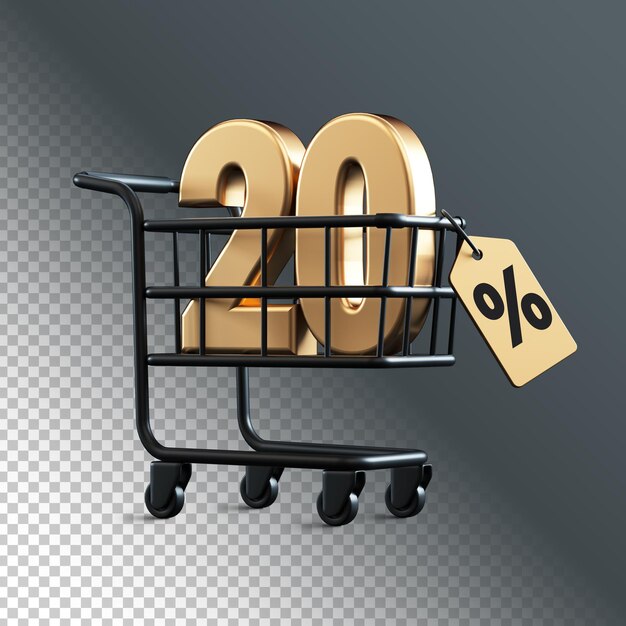 투명 배경으로 격리된 20% 할인 3D 렌더링 번호가 있는 쇼핑 카트