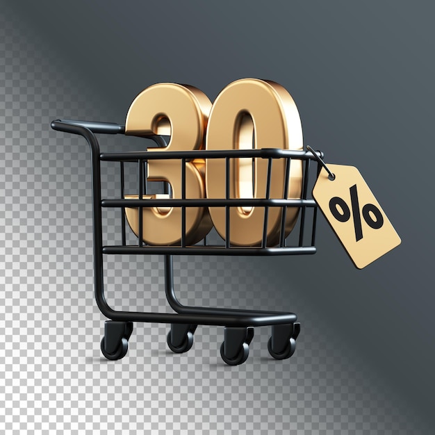 투명 배경으로 격리된 30% 할인 3D 렌더링 번호가 있는 쇼핑 카트