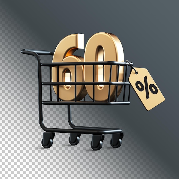 Shopping cart with 60 percent discount 3d rendering number isolated with transparent background