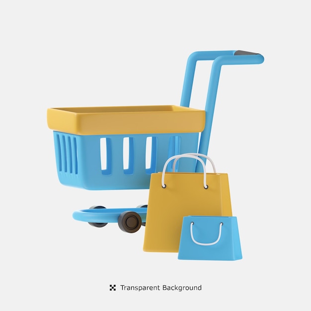 PSD shopping cart with bag 3d icon illustration