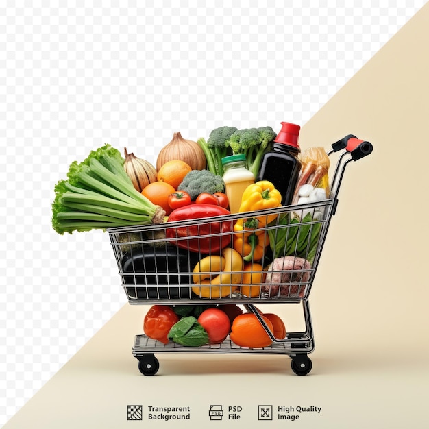 A shopping cart with a cart full of vegetables and a bottle of wine.