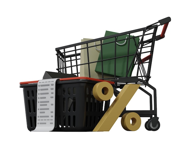 Shopping cart with a discount percentage receipts and shopping bags