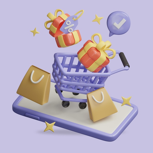 PSD a shopping cart with gifts on it and a tag that says 