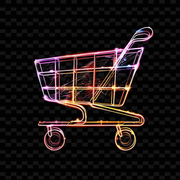 A shopping cart with neon lights on it is shown on a black background