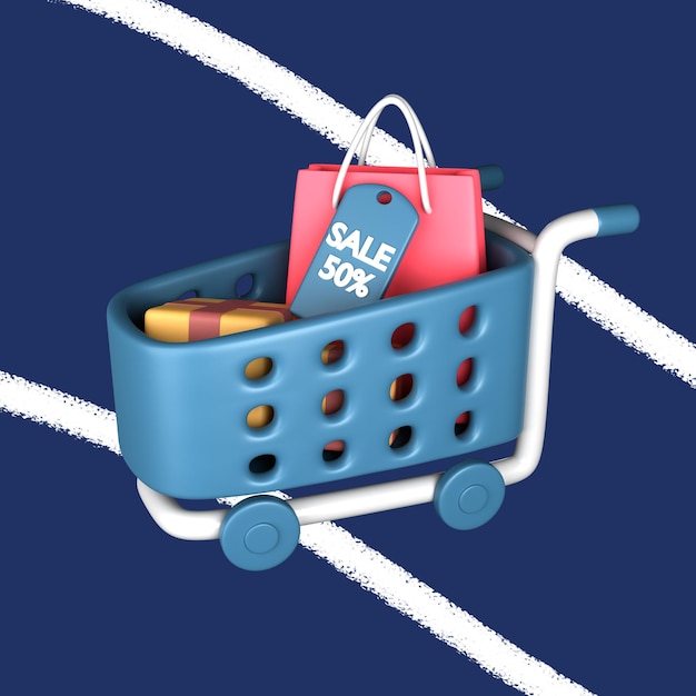 PSD a shopping cart with a shopping bag that says'sale 50 %'on it