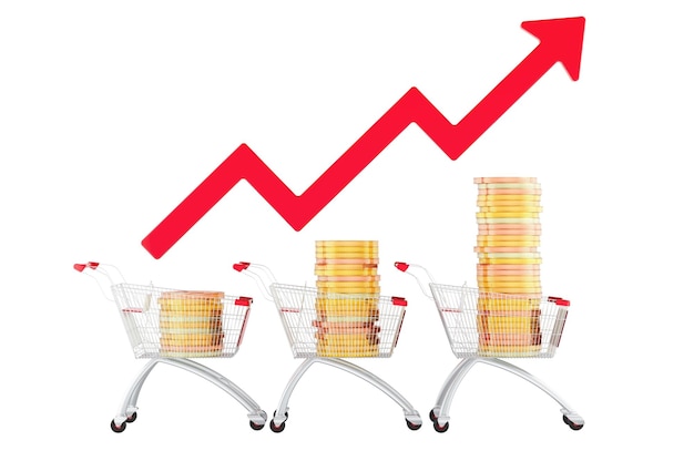 shopping carts full of golden coins with growing up red arrow 3d rendering isolated on transparent background