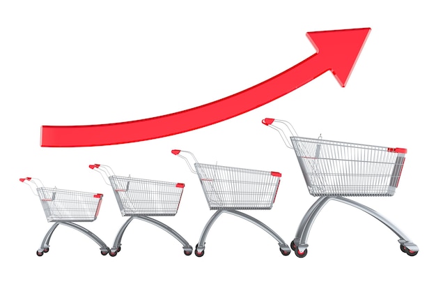 shopping carts with growing up arrow 3d rendering isolated on transparent background