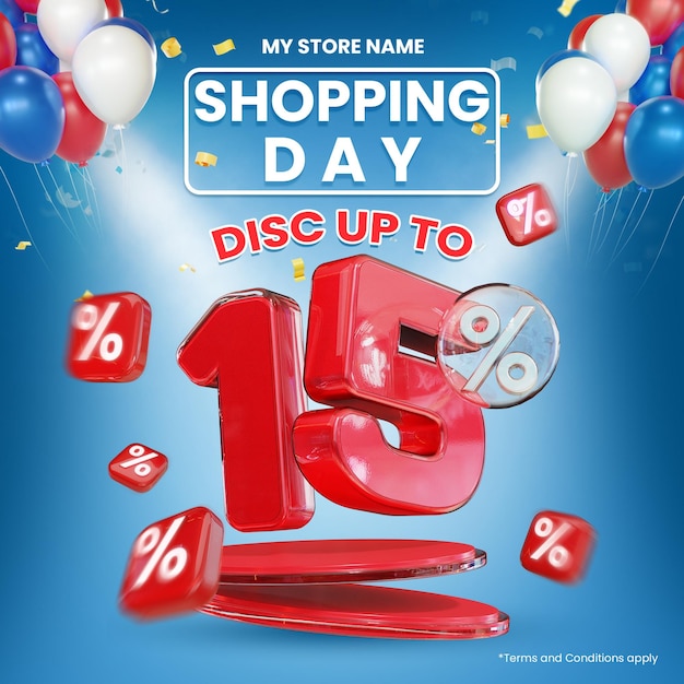 PSD shopping day discount up to 15 for special promo social media post