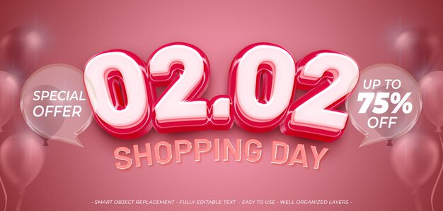 Shopping day sale 0202 con effetto di testo modificabile in stile 3d lucido