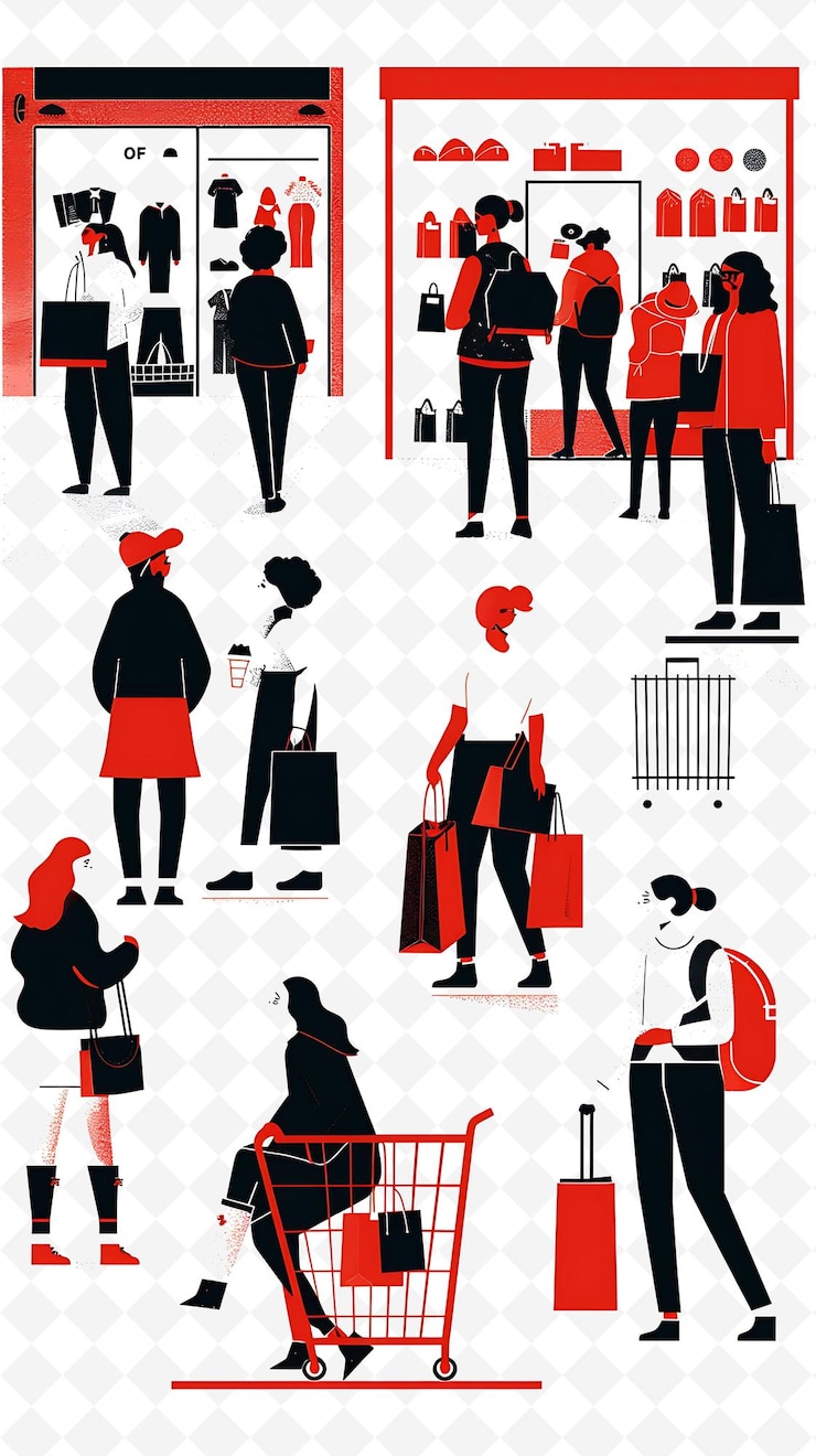 PSD shopping mall setting with shoppers and retail workers for e flat illustration poster design