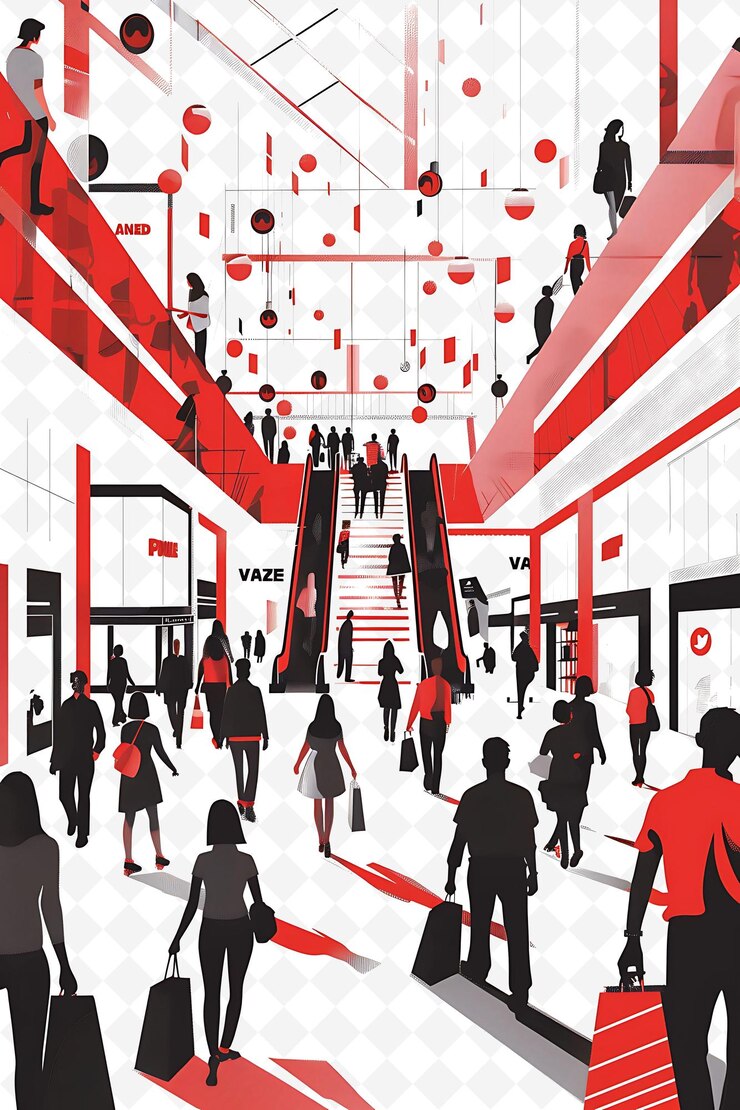 PSD shopping mall setting with shoppers and retail workers for e flat illustration poster design
