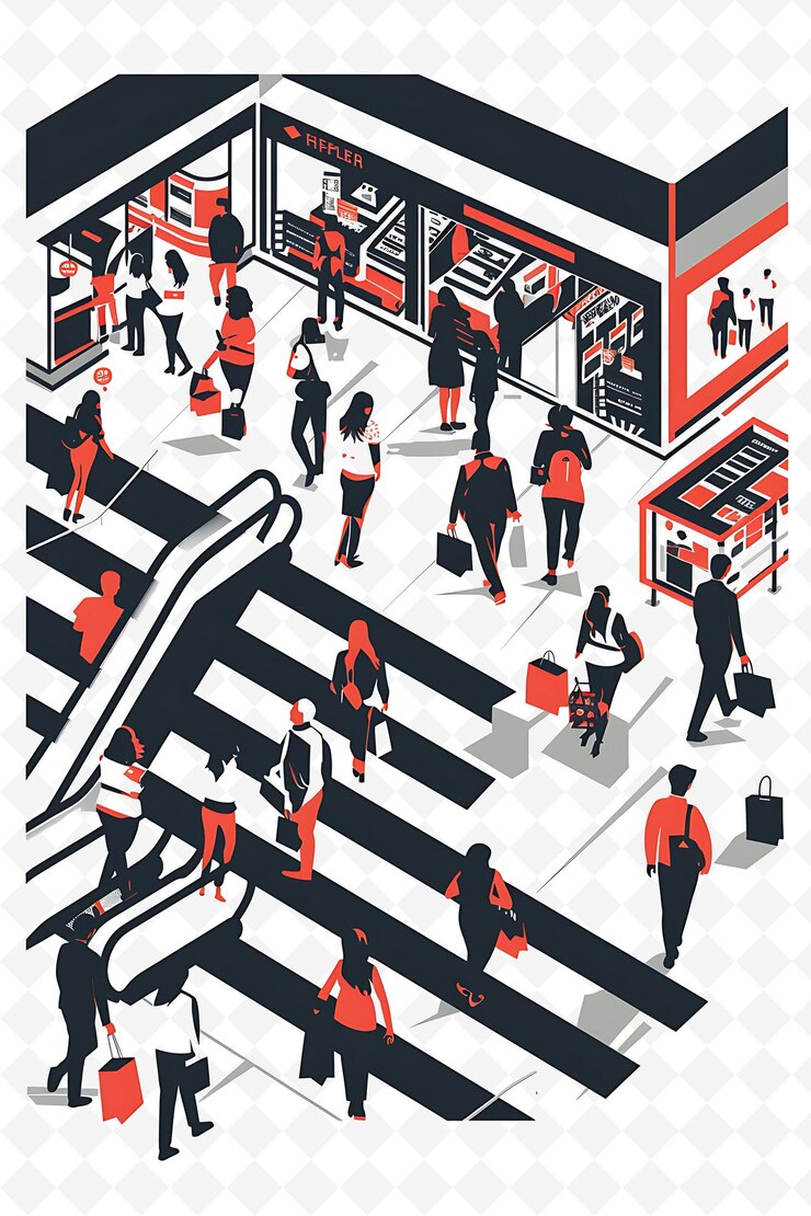 PSD shopping mall setting with shoppers and retail workers for e flat illustration poster design