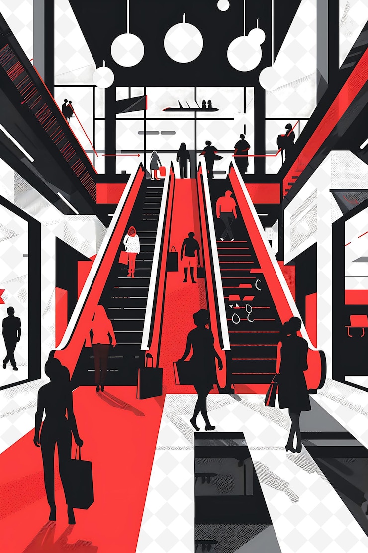 PSD shopping mall setting with shoppers and retail workers for e flat illustration poster design