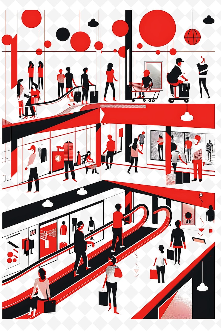 PSD shopping mall setting with shoppers and retail workers for e flat illustration poster design