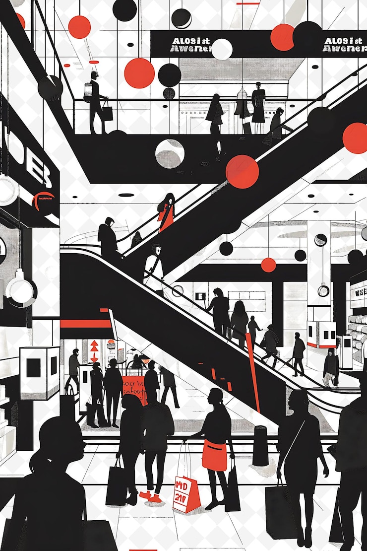 PSD shopping mall setting with shoppers and retail workers for e flat illustration poster design