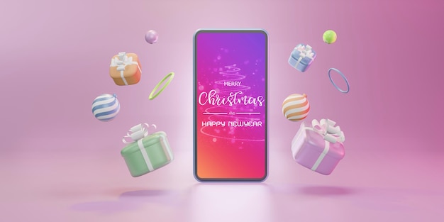 Shopping Online with Smartphone. Marketing and Digital marketing, Christmas gift box, balls, social advertising, 3d illustration
