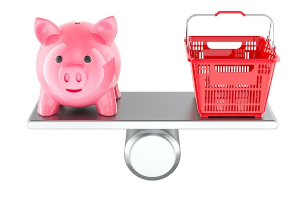 shopping or savings concept piggy bank and shopping basket on balance scale 3d rendering isolated on transparent background