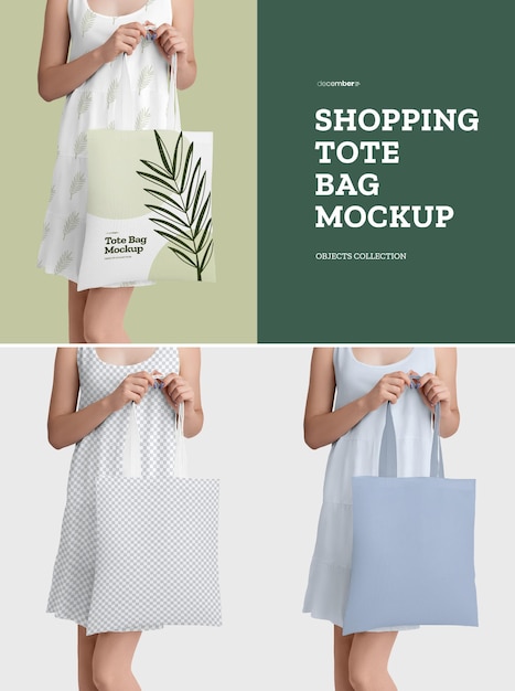 PSD shopping tote bag mockups in the hands of a girl stylish scenes for design presentation