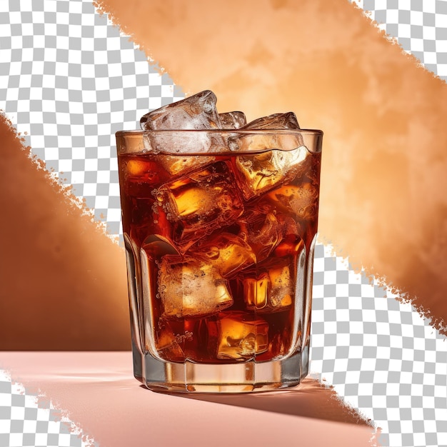コーラと氷の透明な背景を持つ短い黒いガラス