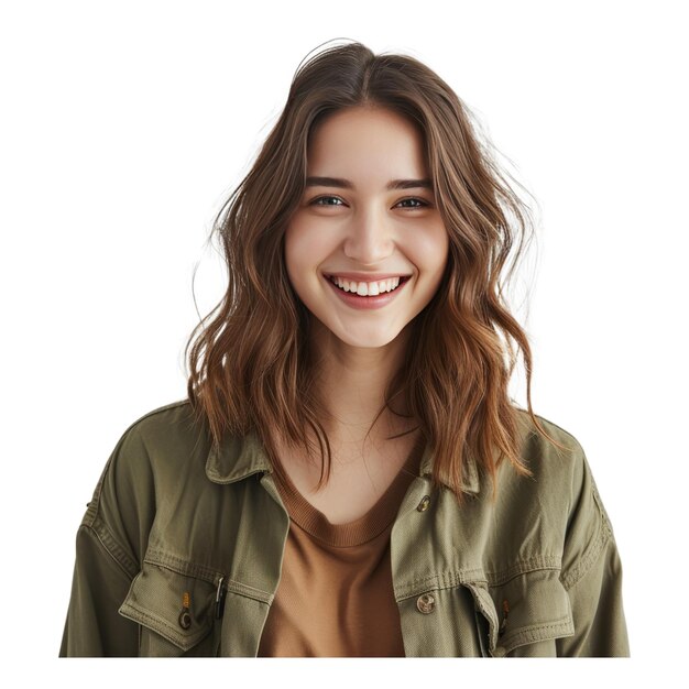 PSD shot of attractive sensual woman with wide smile dressed in green jacket and brown tshirt smiling broadly being happy to meet her best friend