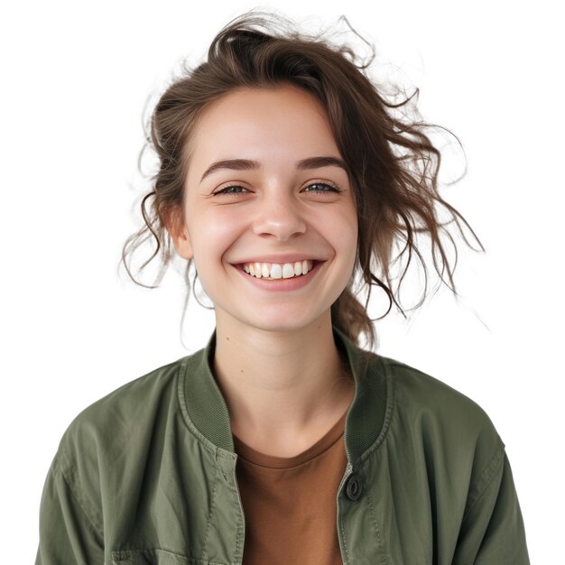 Shot of attractive sensual woman with wide smile dressed in green jacket and brown tshirt smiling broadly being happy to meet her best friend