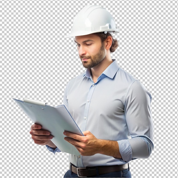 PSD foto di un architetto maschio che indossa un cappello e legge su uno sfondo trasparente