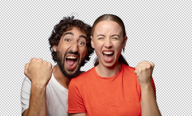 shouting aggressively with an angry expression or with fists clenched celebrating success