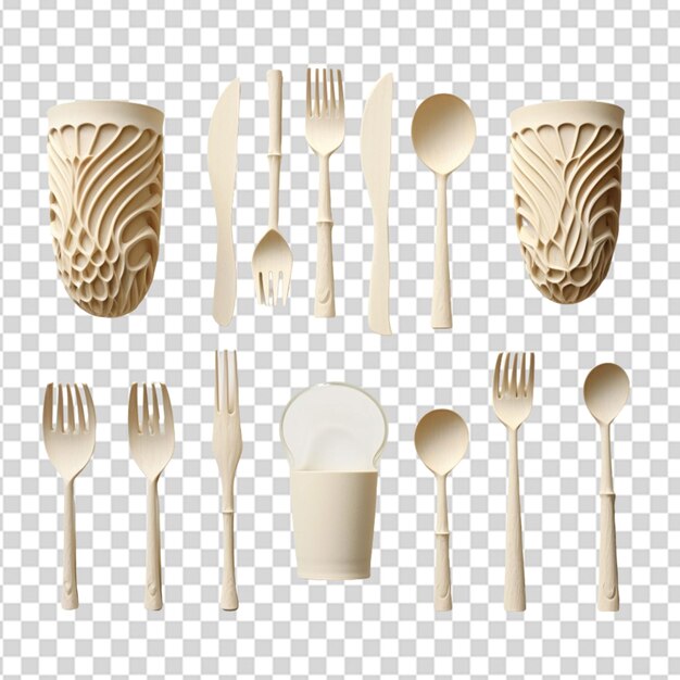 Showcase the potential of biodegradable materials through 3dprinted products like cups utensils or containers png transparent