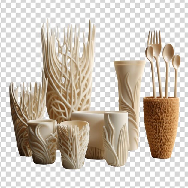 PSD showcase the potential of biodegradable materials through 3dprinted products like cups utensils or containers png transparent