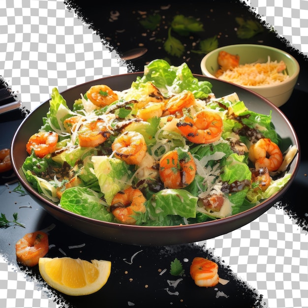 PSD shrimp caesar salad on a black plate transparent background