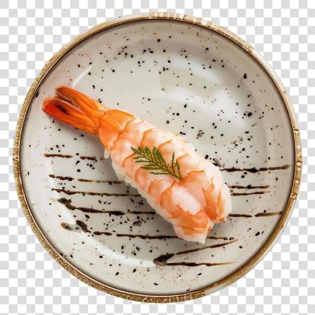 Shrimp Nigiri showcased on an intricately designed Japanese ceramic dish isolated on transparent ba