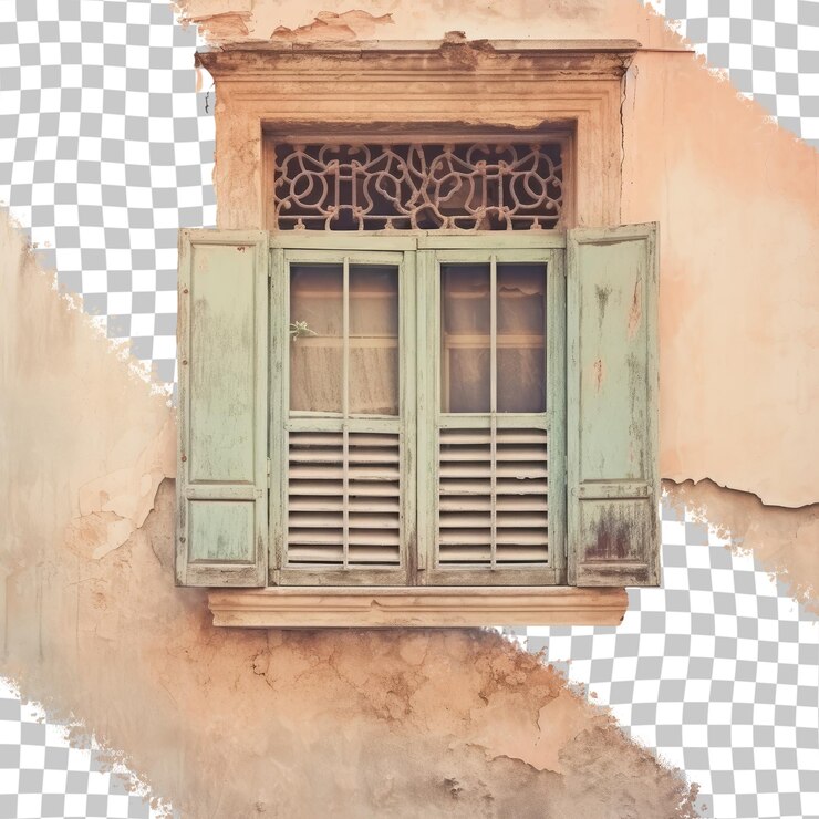 PSD shut vintage window of old house on older street in city center ancient building in monochrome transparent background