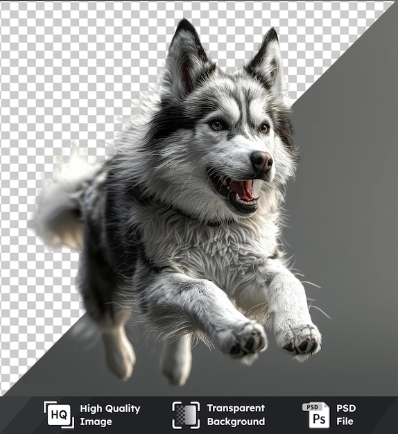 PSD 시베리아 허스키 (siberian husky) 는 검은 코를 가지고 뛰어다니며, 입을 열고, 갈색과 검은 눈을 가지고 검은색과 색을 과시합니다.