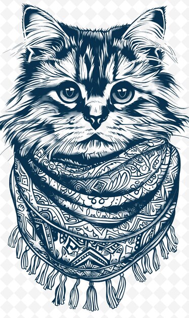 PSD siberische kat die een babushka draagt met een traditionele expressio dieren sketch art vector collecties