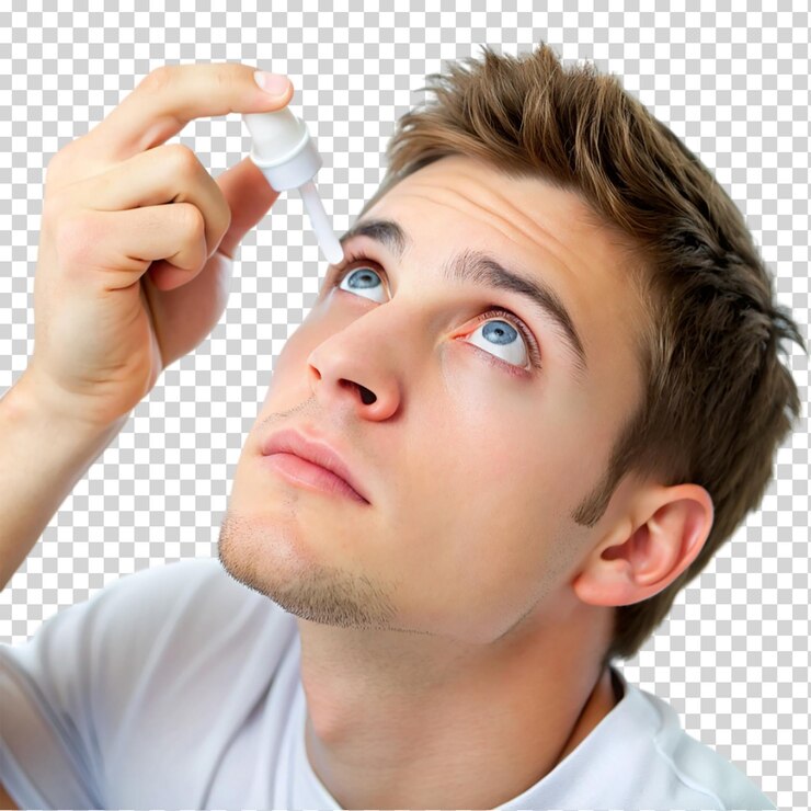 PSD 透明な背景に眼滴を使っている病気の若い男