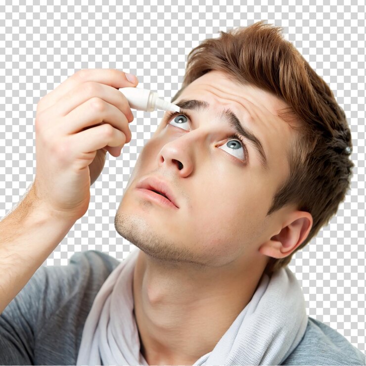 PSD 透明な背景に眼滴を使っている病気の若い男