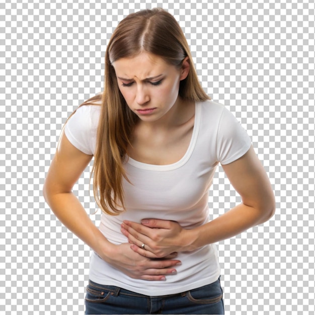 sick young woman concerned with stomach pain symptoms on transparent background