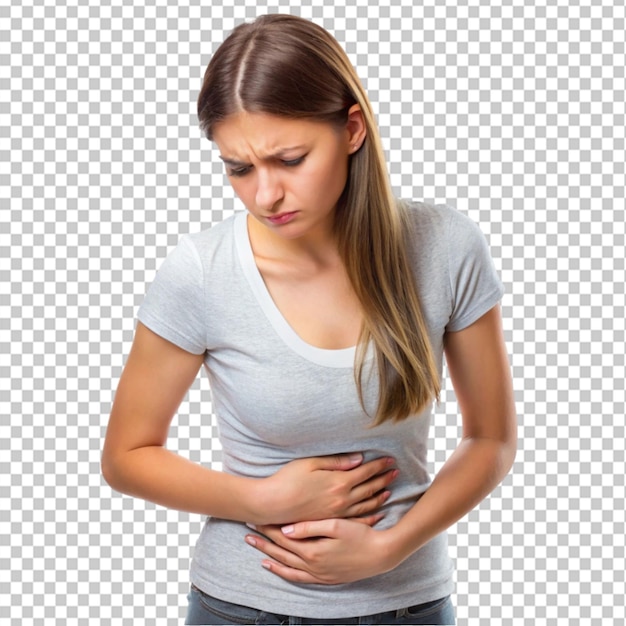 sick young woman concerned with stomach pain symptoms on transparent background