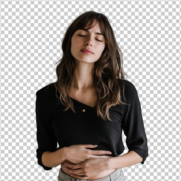 PSD sick young woman concerned with stomach pain symptoms on transparent background
